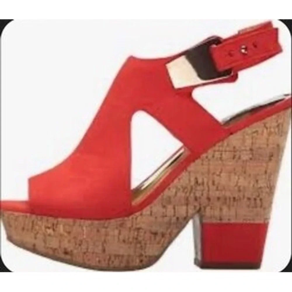 Carlos Santana Red Faux Suede Cork Platform Wedge Sandals Size 6 Womens
